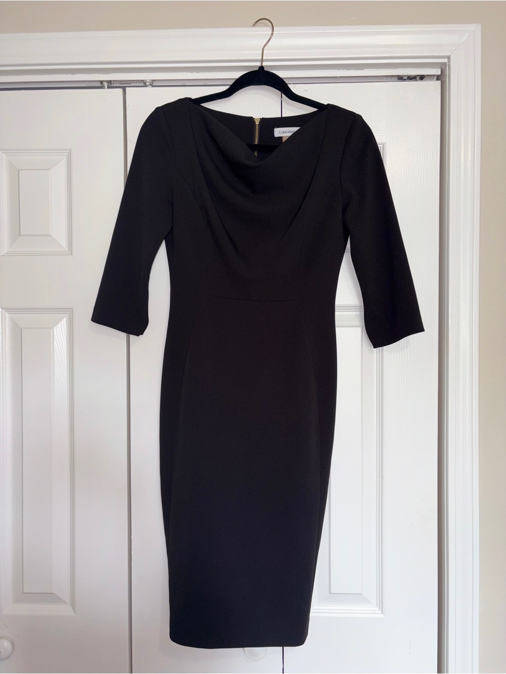 Calvin Klein Black Midi Sheath Dress with Cowl Neck